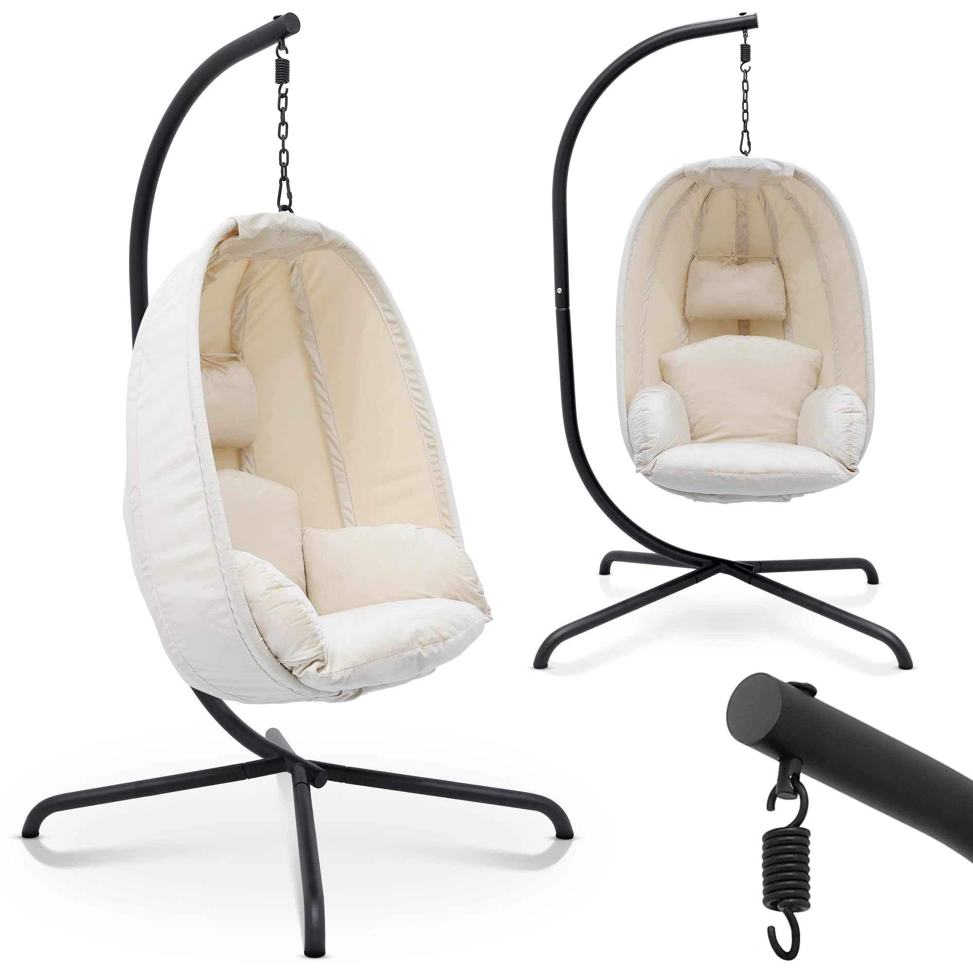 MIADOMODO® Fotel wiszący - ze stojakiem i poduszką, regulowana wysokość, żelazna rama, maks. obciążenie 160 kg - huśtawka wisząca kosz, wewnątrz/na zewnątrz, ogród, taras (Beżowy)
