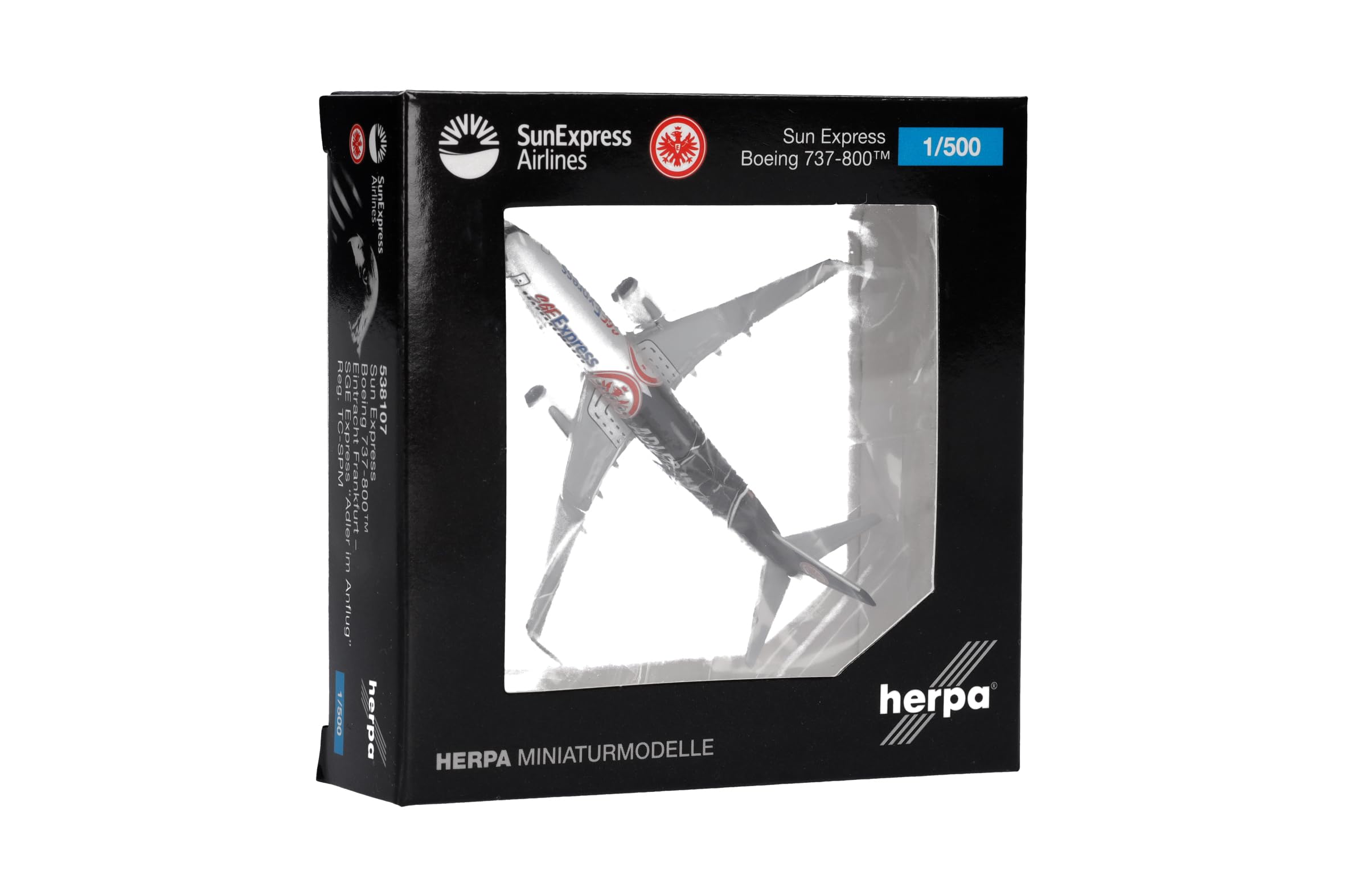 herpa avión en Miniatura Sun Express Boeing 737-800 "Eintracht Frankfurt - SGE Express - Adler im Anflug - TC-SPM, Escala 1:500, artículo de colección, Modelo sin Base, Metal
