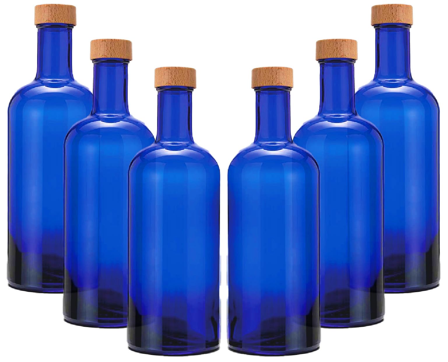 Juego de 6 botellas de cristal azul para agua solarizada modelo Iside 750 ml con tapón de rosca de aluminio recubierto de madera. Botella de plástico libre