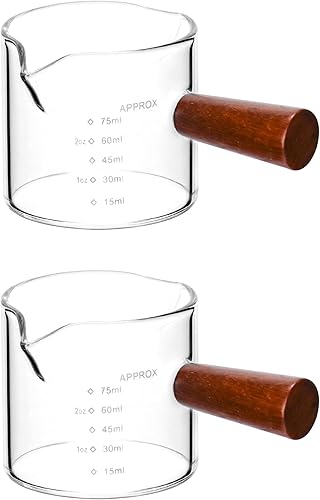 Miniatura 6 de QWORK Vaso de leche de medición de doble boquilla, paquete de 2 vasos de chupito de espresso de 2.5 fl oz con mango de madera, jarra triple de