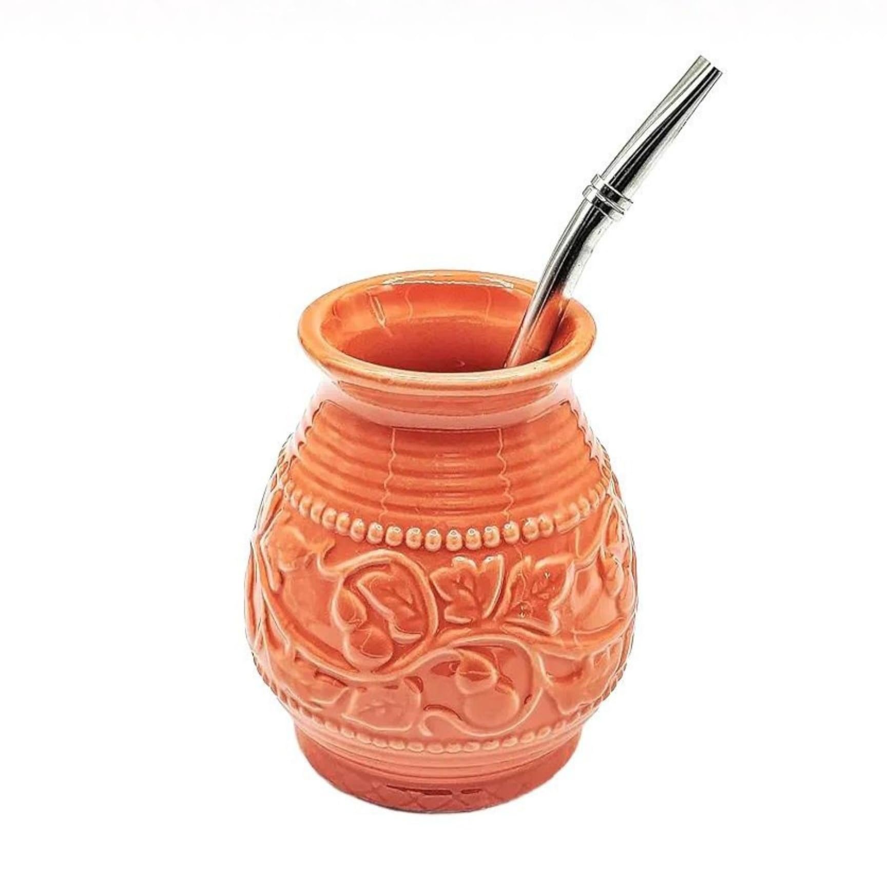 Ceramic Yerba Mate Gourd With Emboss Calabash Pattern 200ml Pink