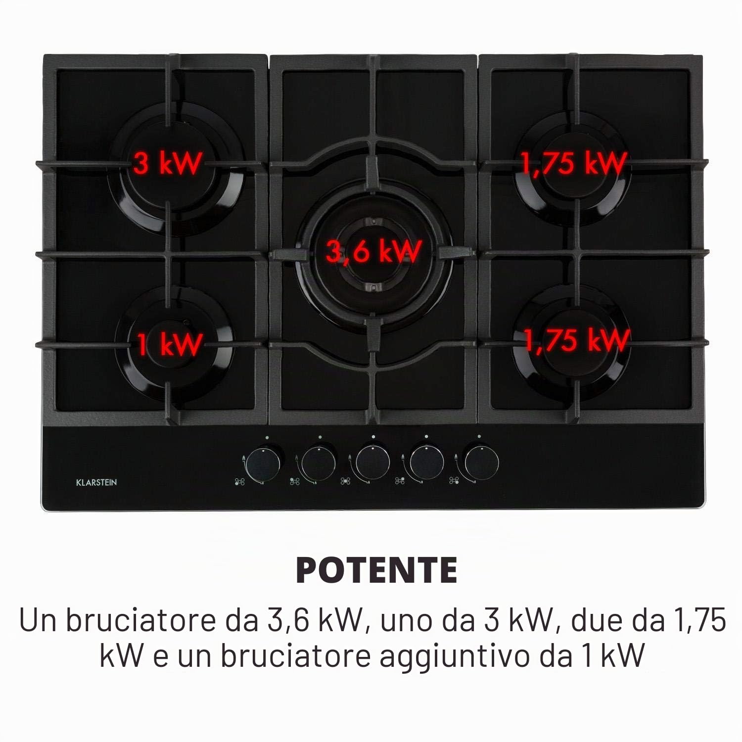 KLARSTEIN Ignito - Piano Cottura a Gas, Piastra da Incasso, Bruciatore Sabaf, Gas Naturale/Gas Propano, Valvole di Sicurezza, Spegnimento Automatico, Acciaio Inox, 5 Fuochi, 75 cm, Nero