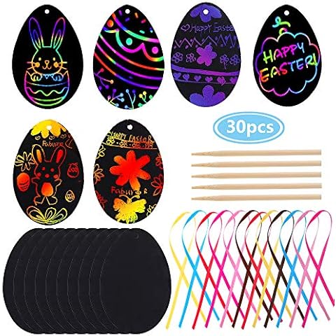 Faburo 30pcs Easter Scratch Art Egg Decorations Easter Scratch Papers Easter Crafts Easter Gifts for Kids Party Bag Fillers Cover