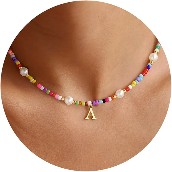 M MOOHAM Initial Necklaces for Women Girls - Beaded Initial Necklaces for Women Colorful Letter A Beaded Pearl Choker Necklace Summer Beach Boho Necklace Jewelry Personalized Birthday Gifts