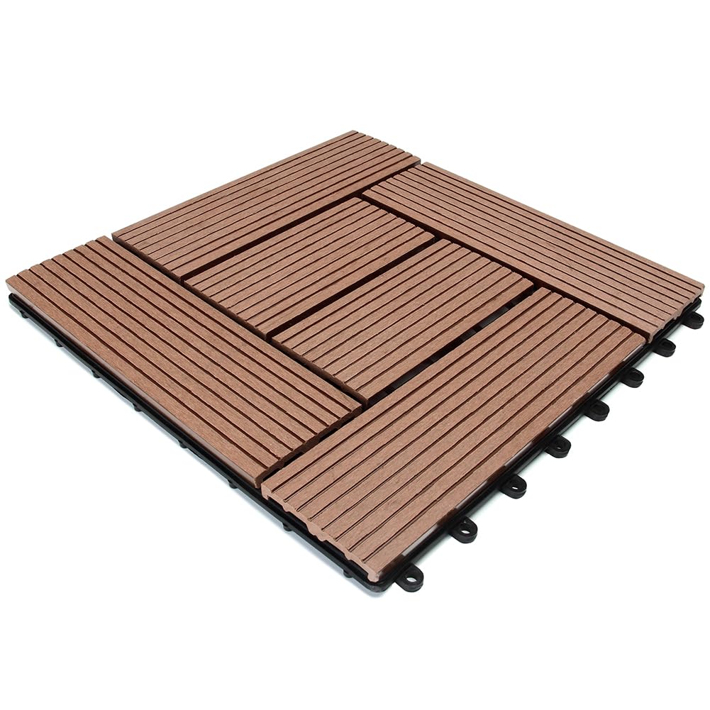 BAKAJI Juego de 11 piezas de azulejos WPC para jardín exterior, patio, balcón, suelo con drenaje de agua, azulejos de montaje empotrado, resistente a los agentes atmosféricos, diseño incrustado