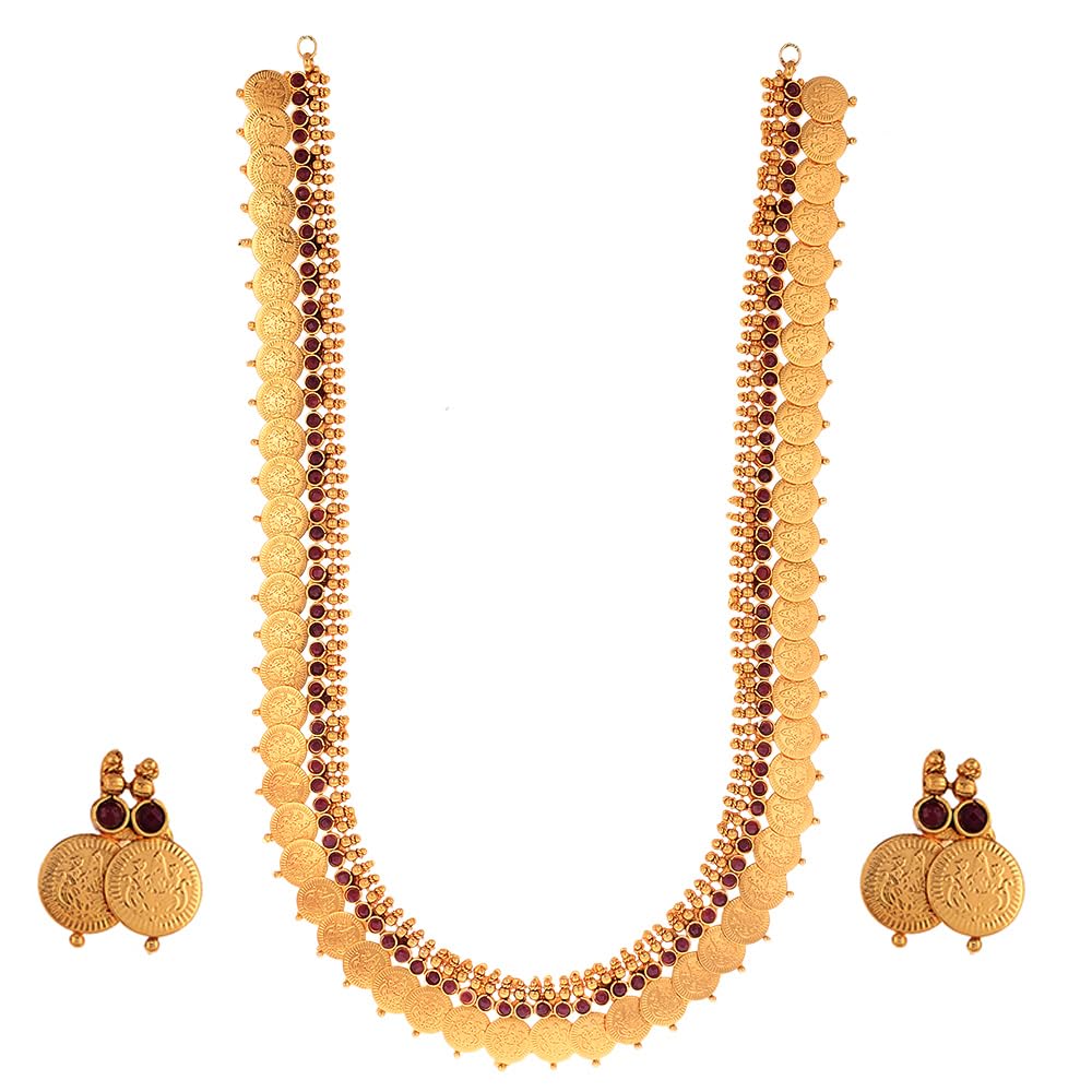 Jewellery Set Gold Plated Long Traditional Maharani Beads Studded Temple Coin Necklace Set with Earrings Jewellery For Women & Girls-image-22