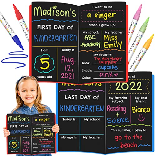 Funcils First & Last Day of School Sign (11 x 13") - First Day of School Board for Kids, Back to School Sign, My 1st Day of Preschool Kindergarten School Supplies - 5 Chalkboard Chalk Makers Included