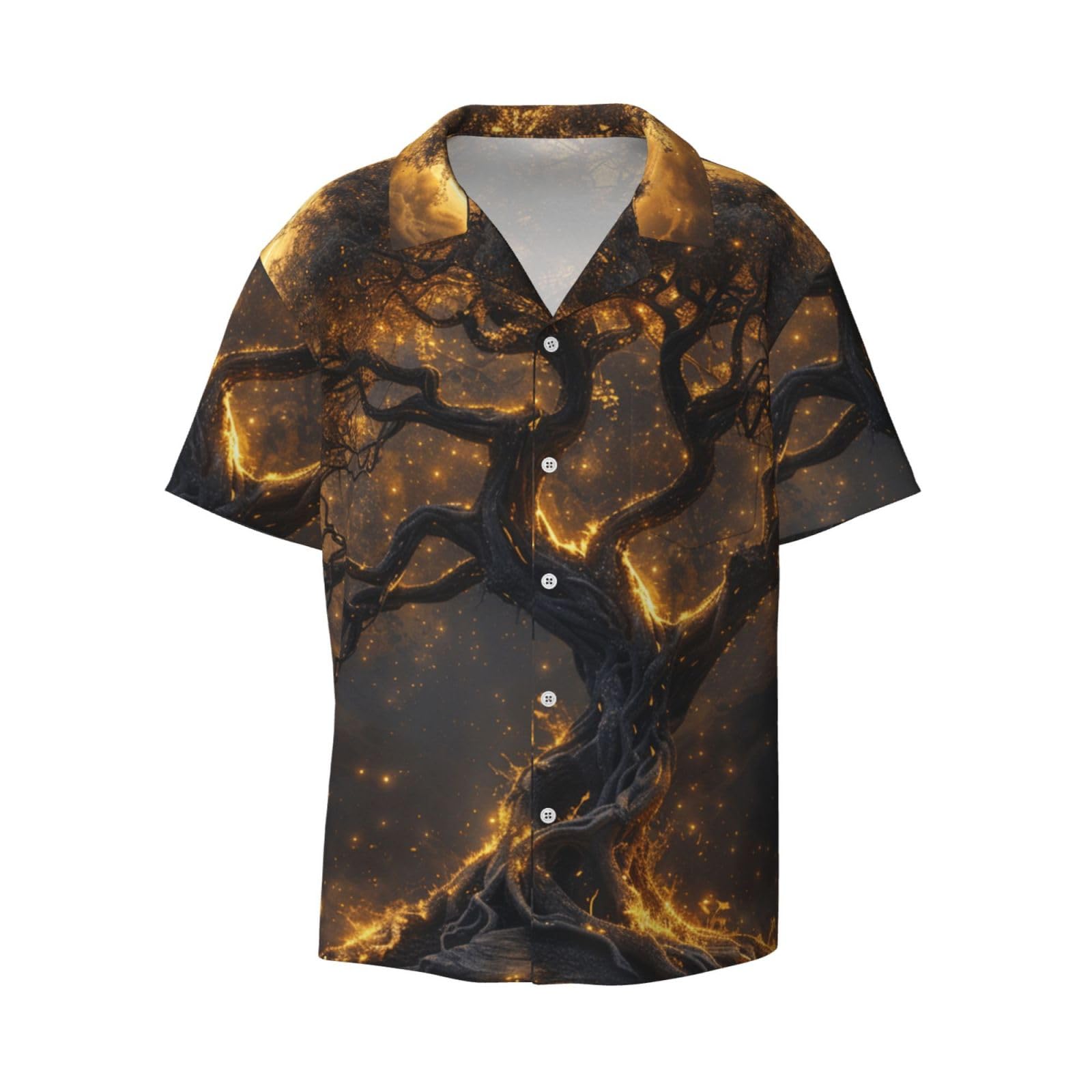 Men's Cuban Collar Short Sleeve Shirt Tree of Life Myth Black and Gold Beautiful Hawaiian Button Down Shirt with Pocket