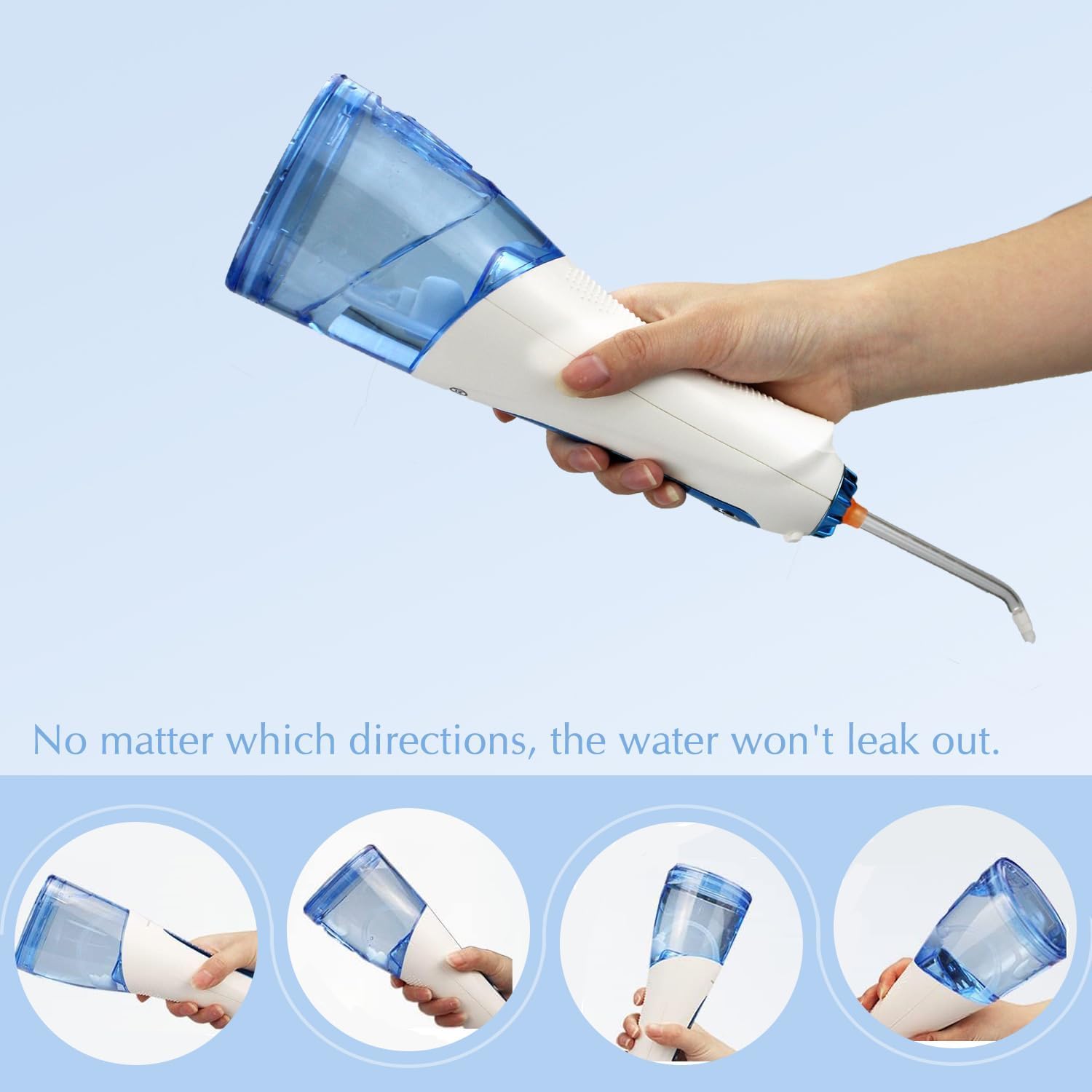 Irrigatore orale senza fili, 300 ml, risciacquo da viaggio, 5 modalità e 5 ugelli, irrigatore orale elettrico, IPX7, impermeabile, ricarica USB (blu/bianco)