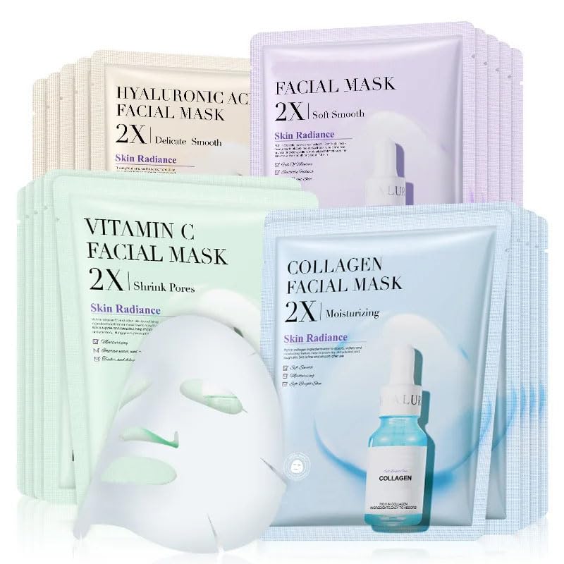 20 Pcs Hydrating Face Mask, Collagen + Centella + Hyaluronic Acid & Vitamin C Facial Masks, Instant Skin Boost, Brightening