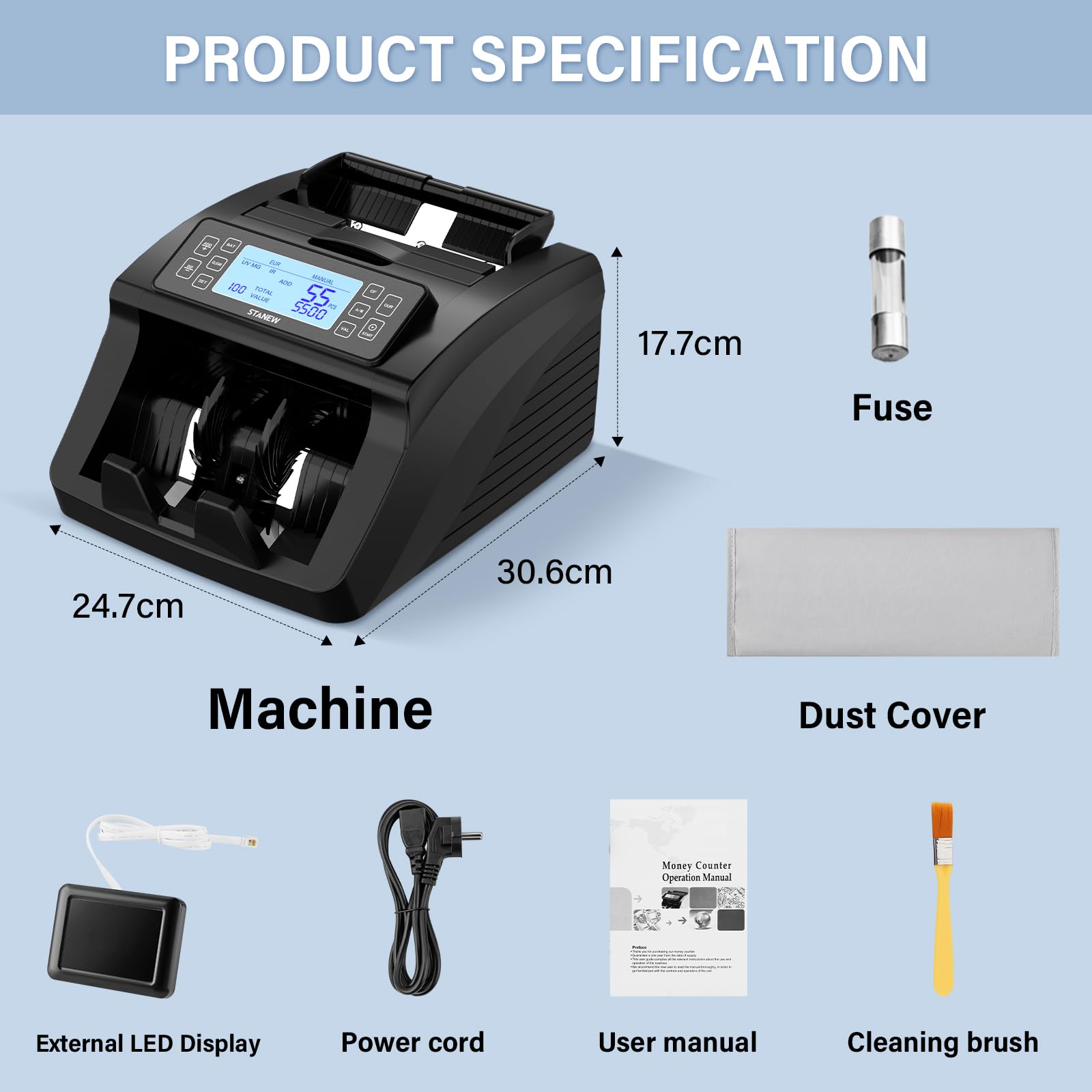 Compteuse de Billets STANEW, Modes de Comptage Par Lots et Par Coupures, Compteuse de Billets Professionnelle Euro,UV/MG/IR, Vitesse >1000pcs/min, EUR/USD/GBP,Compteuse de Billets Portable avec Affich