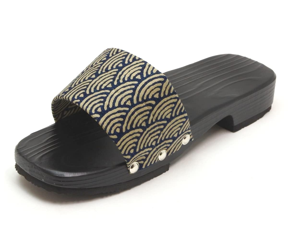 Hita Geta Clogs, Black Cedar with Navy Seigaiha