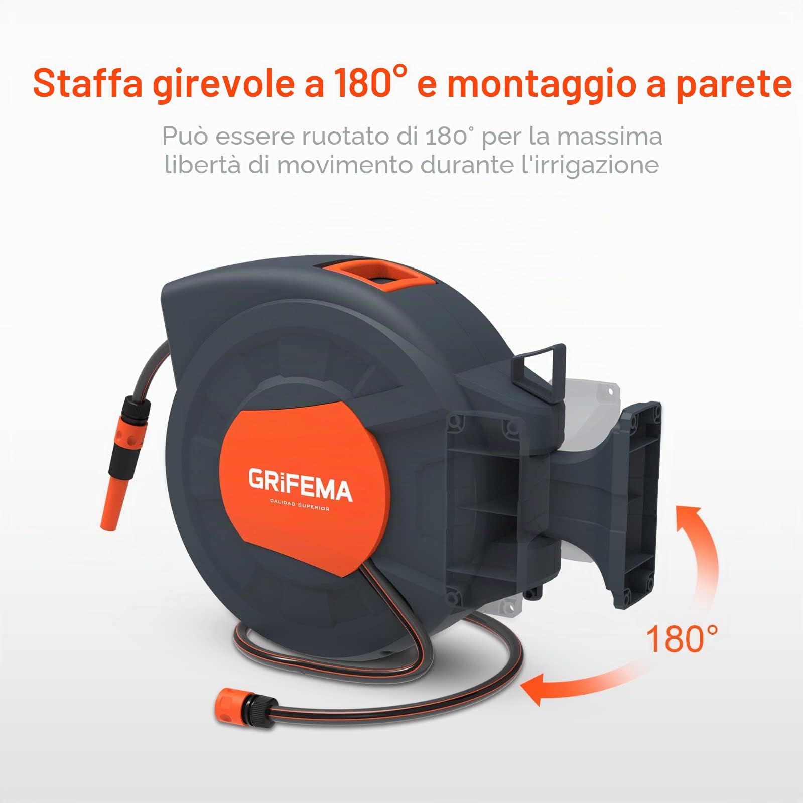 GRIFEMA G301-25 - Avvolgitubo di Bloccaggio per Tubo da Giardino da Riavvolgimento Automatico Retrattile Montato a Parete da 25 m, Girevole a 180°, grigio