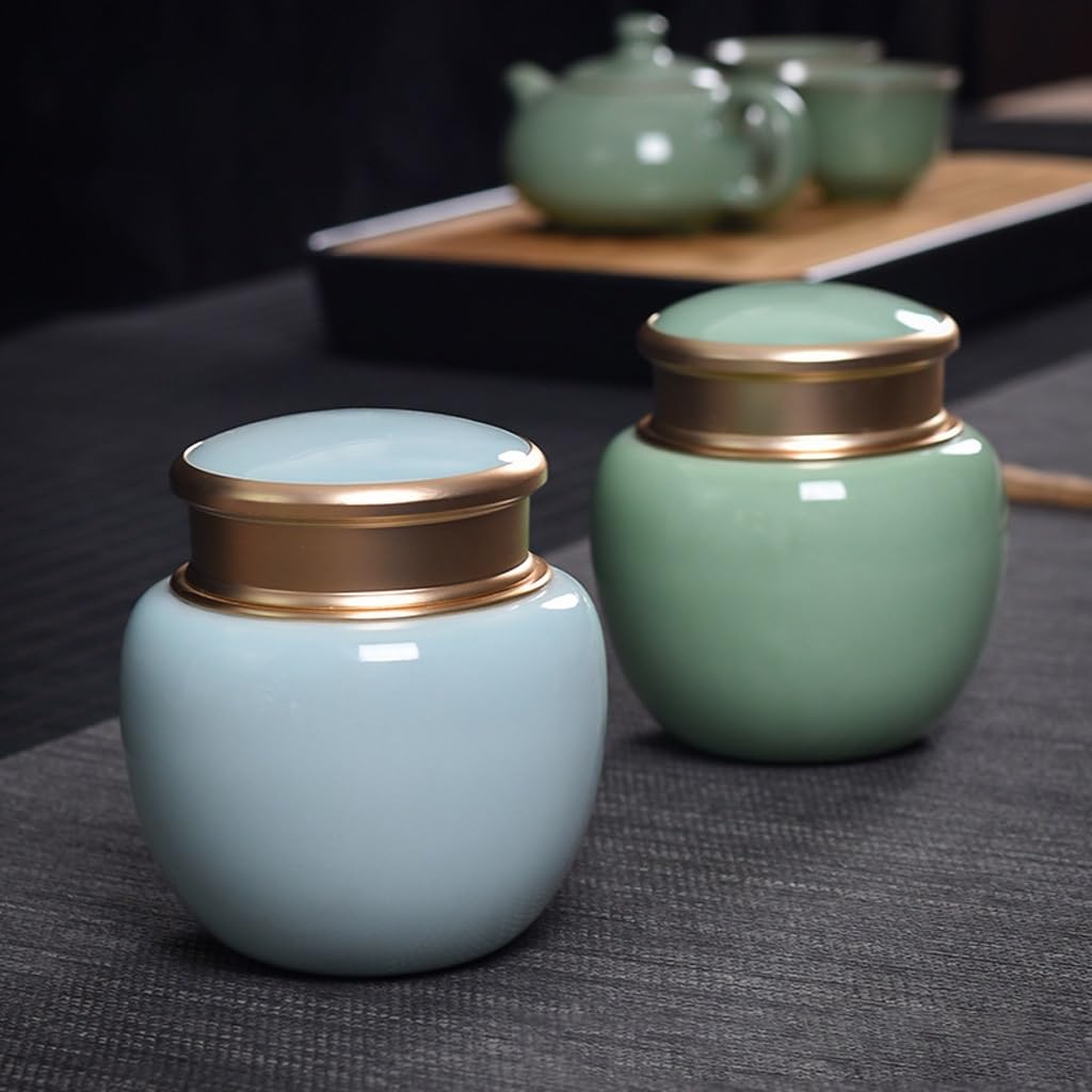 Pot Alimentaire en Céramique Boîte de thé domestique, boîte de stockage de thé céladon, scellée et résistante à l'humidité, boîte de thé avec couvercle en alliage Conteneurs de Dtockage de Garde-mange