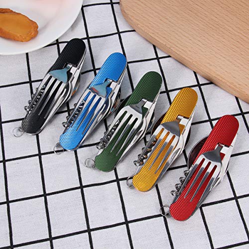 4 peças de utensílios de acampamento 3 em 1 de aço inoxidável para garfo, faca portátil para uso ao