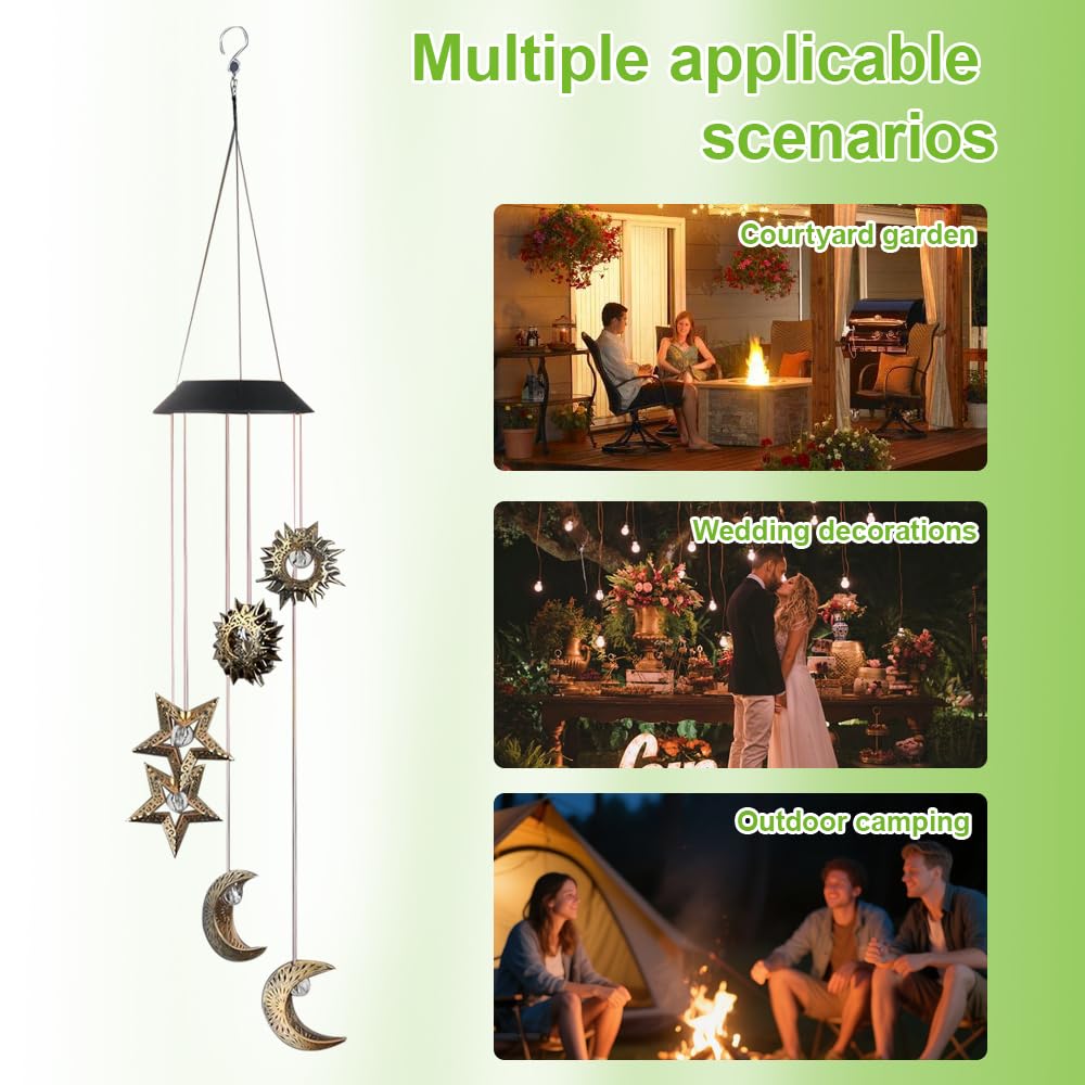 Campane a Vento Solare con Stelle Sole Luna, Campane a Vento Solari Esterno LED, Decorazione da Giardino con Luci Sospese per Cortile, Prato, Sentieri, Balcone, Terrazza, Decorazione per Feste