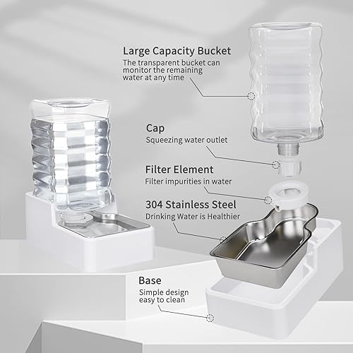 Miniatura 2 de Dispensador automático para perros y gatos alimentador de gravedad blanco de 8L con cuenco de acero inoxidable, sin BPA, diseño antiderrames para