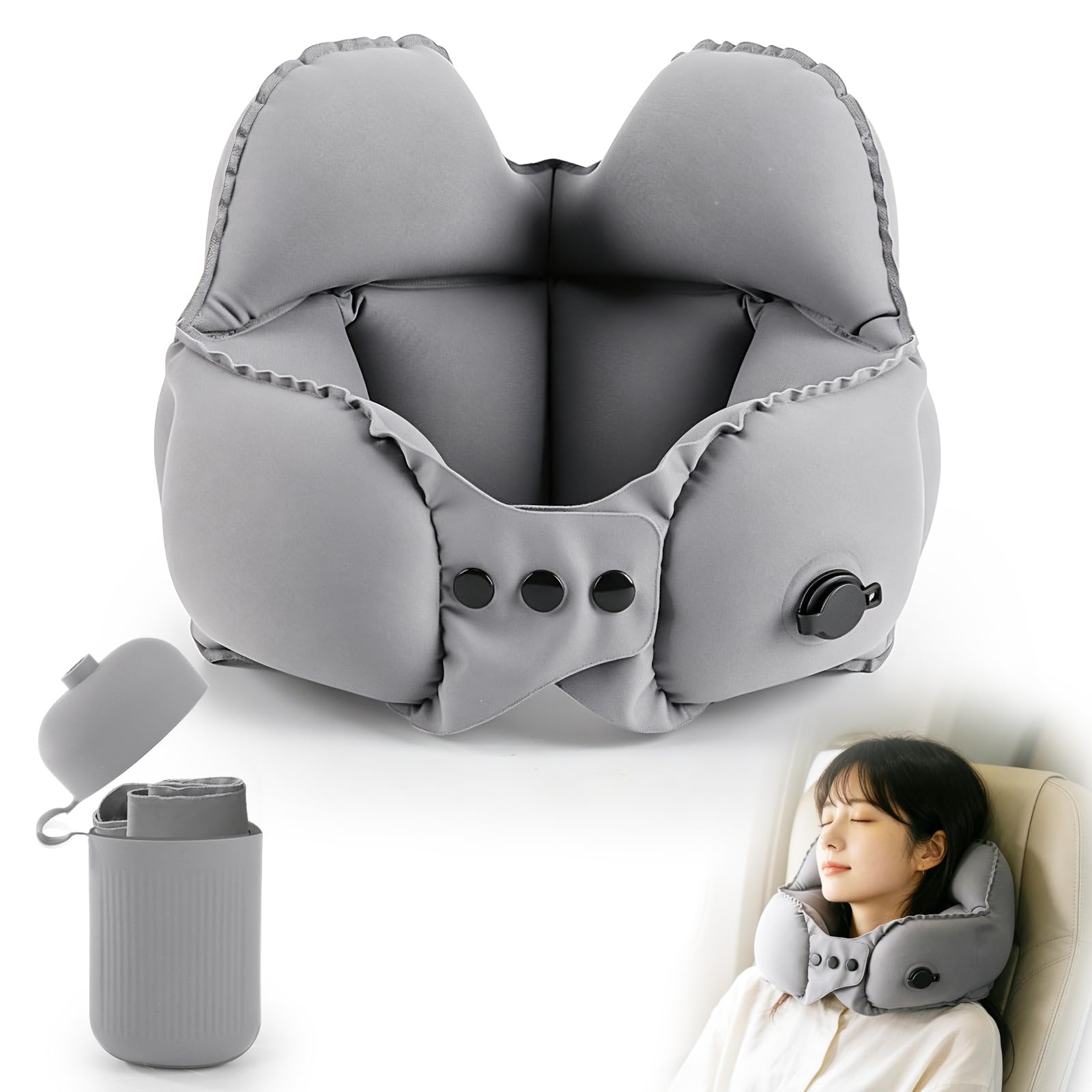 TAOKEY ネックピロー 飛行機 コンパクト エアー 【2026新登場・冷感】 手押し式 空気枕 360°サポート グレー
