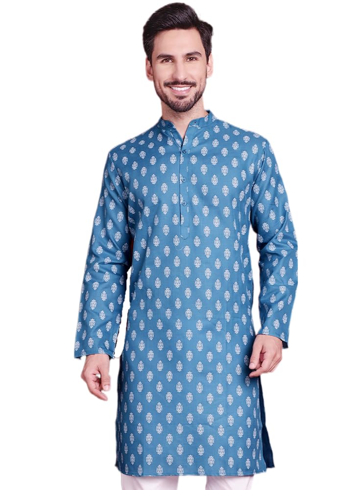 Jompers Teal Floral Printed Kurtas For Men (Teal, L)
