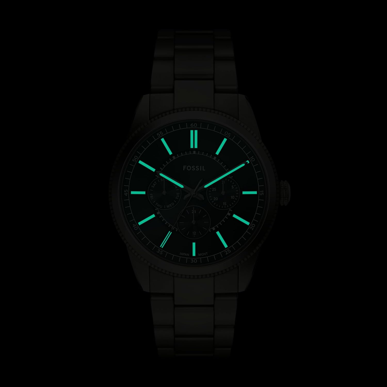 Fossil Pearson watch dial glowing in the dark