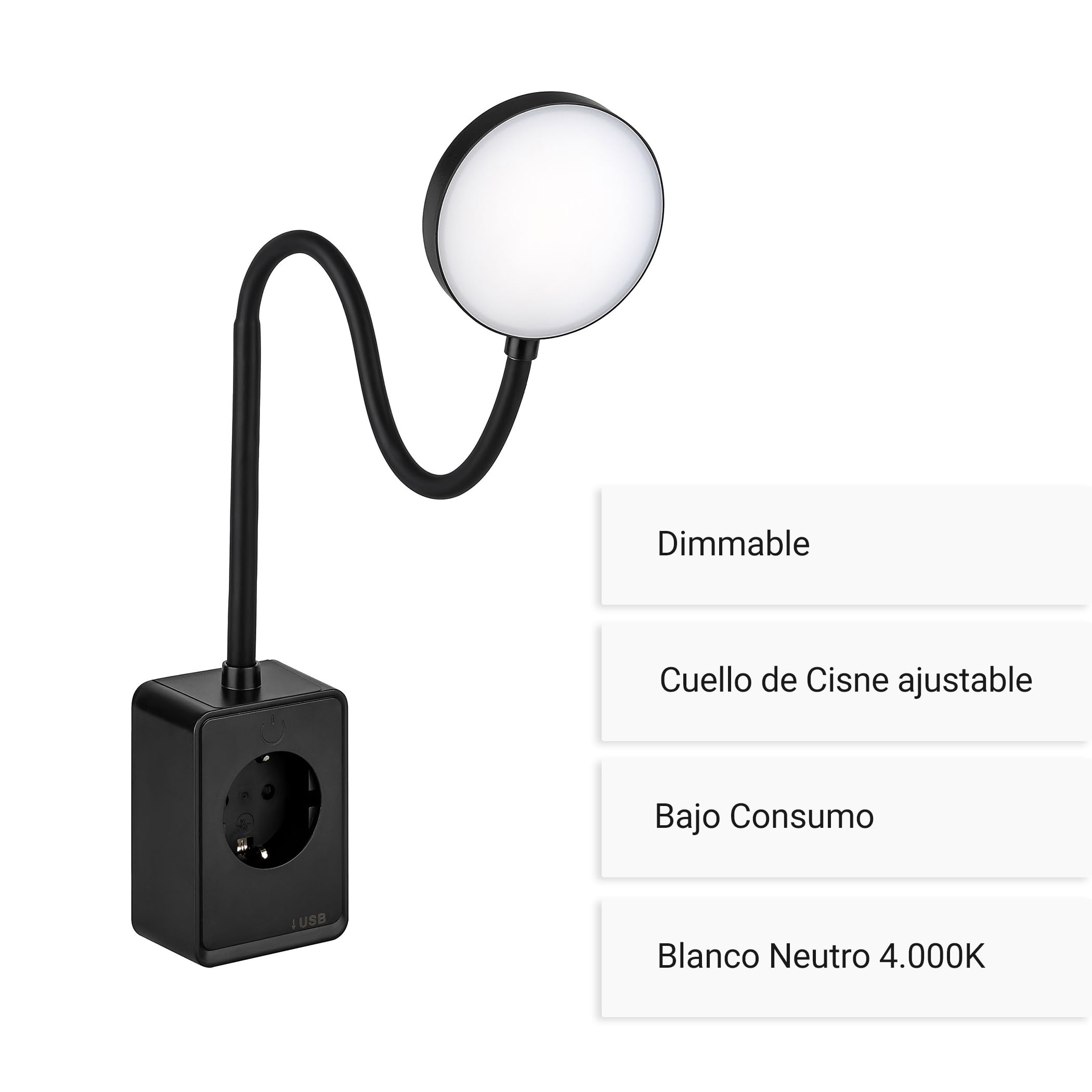 SEBSON Lámpara Enchufe Pared LED Regulable, Lampara de Lectura con Conector USB-C - Cuello de Cisne Flexible, Blanco Neutro 4000K, 4,5W, 420lm - Luz Nocturna Negro