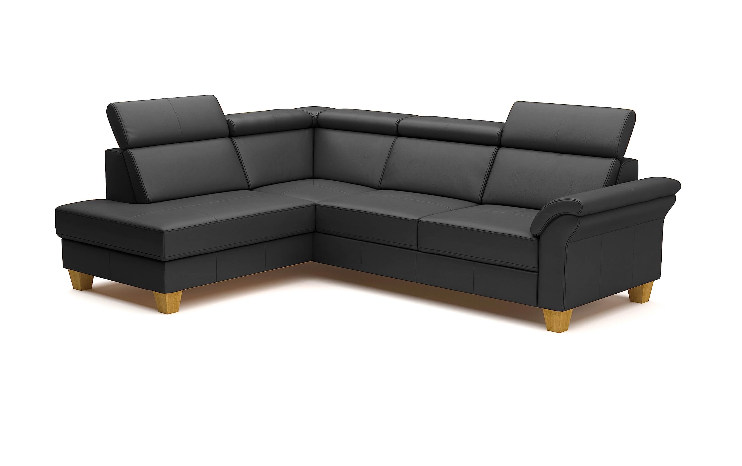 CAVADORE Leder-Eckcouch Ammerland mit Ottomane / Landhaus-Sofa mit Federkern + Kopfteilverstellung / 245 x 84 x 194 / Leder Schwarz