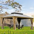 Domi Outdoor Living 12’x14’ Hardtop Gazebo, Wooden Coated Aluminum Frame Canopy with Galvanized Steel Double Roof, Outdoor Permanent Metal Pavilion with Curtains and Netting for Patio, Deck and Lawn