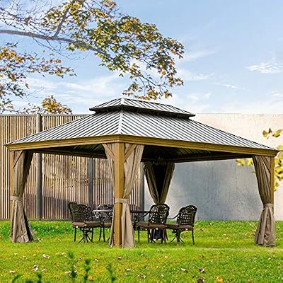 Domi Outdoor Living 12’x14’ Hardtop Gazebo, Wooden Coated Aluminum Frame Canopy with Galvanized Steel Double Roof, Outdoor Permanent Metal Pavilion with Curtains and Netting for Patio, Deck and Lawn