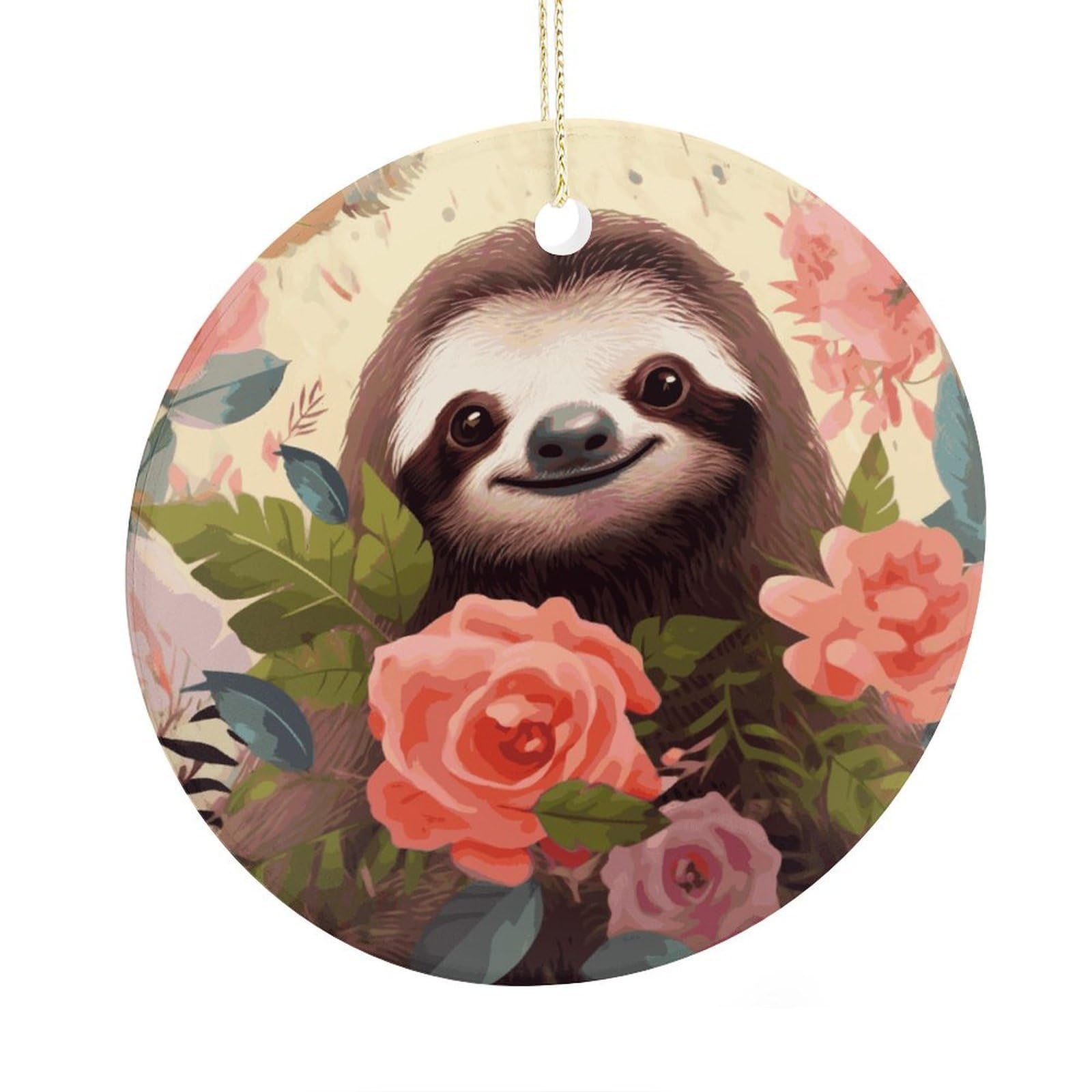 Adfgyerh Style Sloth And Flowers Ceramic Circular Pendant,2.9 Inch，Hanging Ornament，Gift Exchange Idea Round Ceramic Ornament,For Mom And Daughter，For Home Indoor Outdoor Decor.