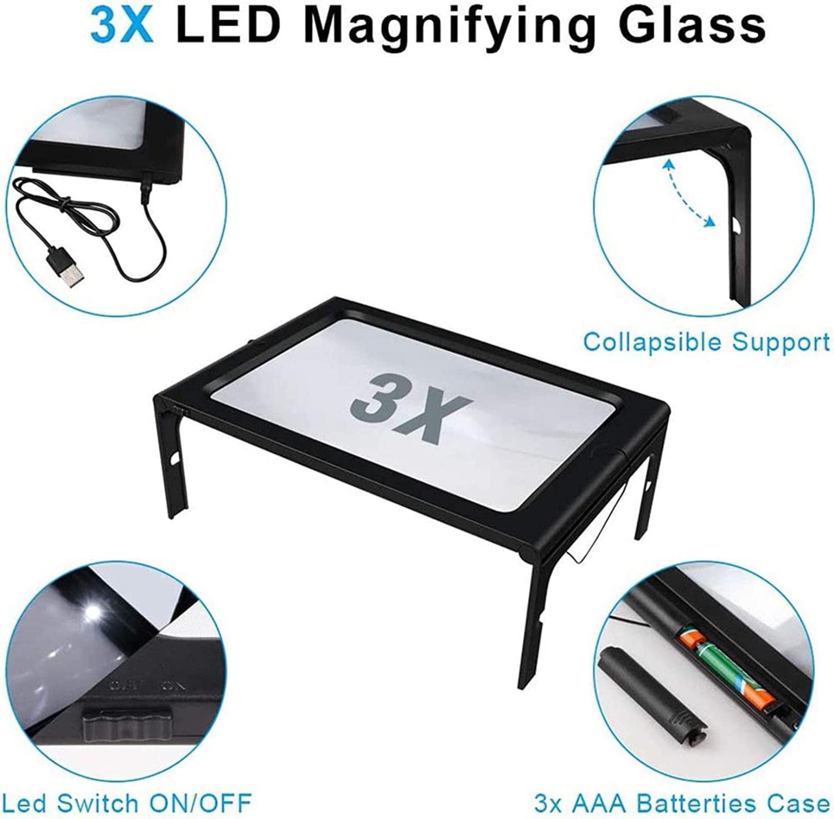 Vergrößerungslampe, 5-Fach vergrößernde, beleuchtete Tischlupe mit Klemme, verstellbare, Faltbare Lupe mit LED-Hochauflösung, augenschonende Lampe für Kosmetik,