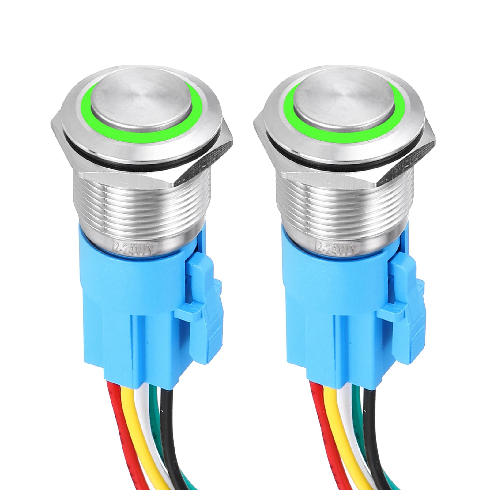 DMiotech 2 Pack 7/8 Inch Stainless Steel Momentary Push Button Switch Domed Head 5A 12-24V Silver Shell 6 Pin with Cable Socket Green Ring LED 1NO1NC for Car Boat Systems Custom Setups