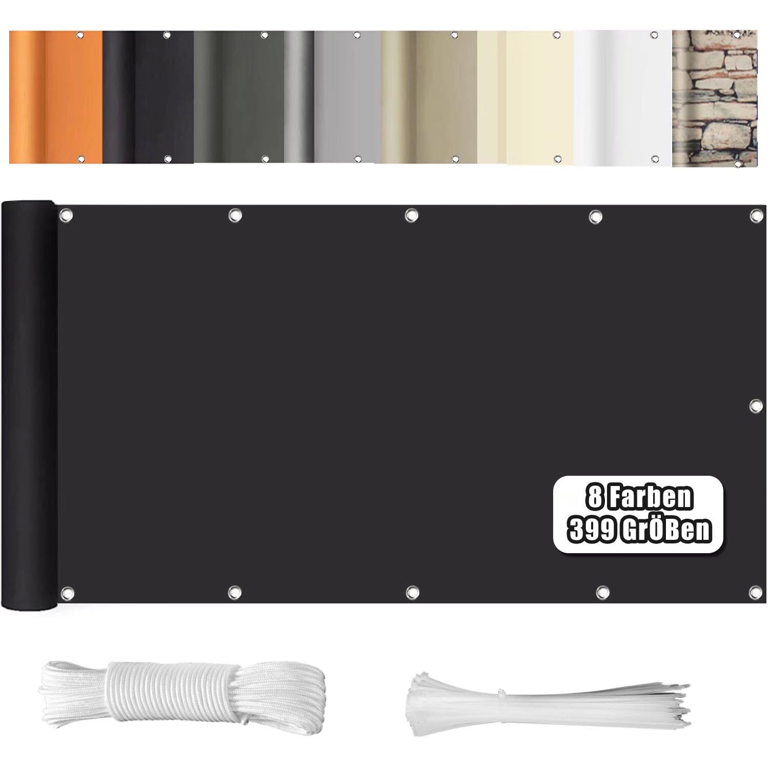 Balcony Privacy Screen 90X500CM Balcony Cover (390 Sizes & 8 Colors) Balcony Cladding No Drilling Opaque Wind UV Protection with Eyelets Cable Ties Cord, Black