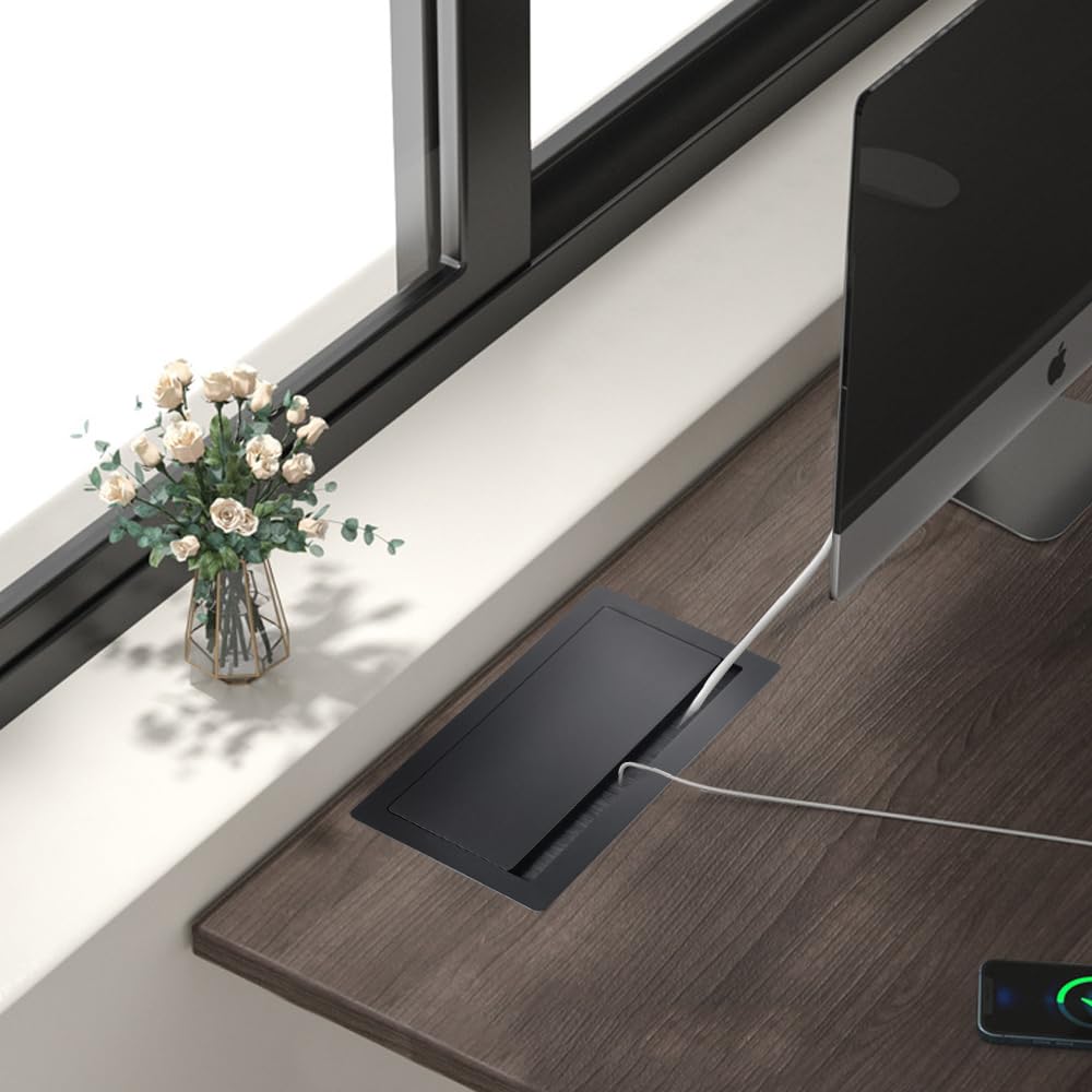 Tomacorriente de mesa, regleta de enchufes con receptáculos encastrados de aluminio 2 x Schuko 1 x cargador USB-A+C (PD 65W) 1 x CAT6 1 x HDMI 1 x USB-C 1 x cable de alimentación de 1.7m 4 x agujeros