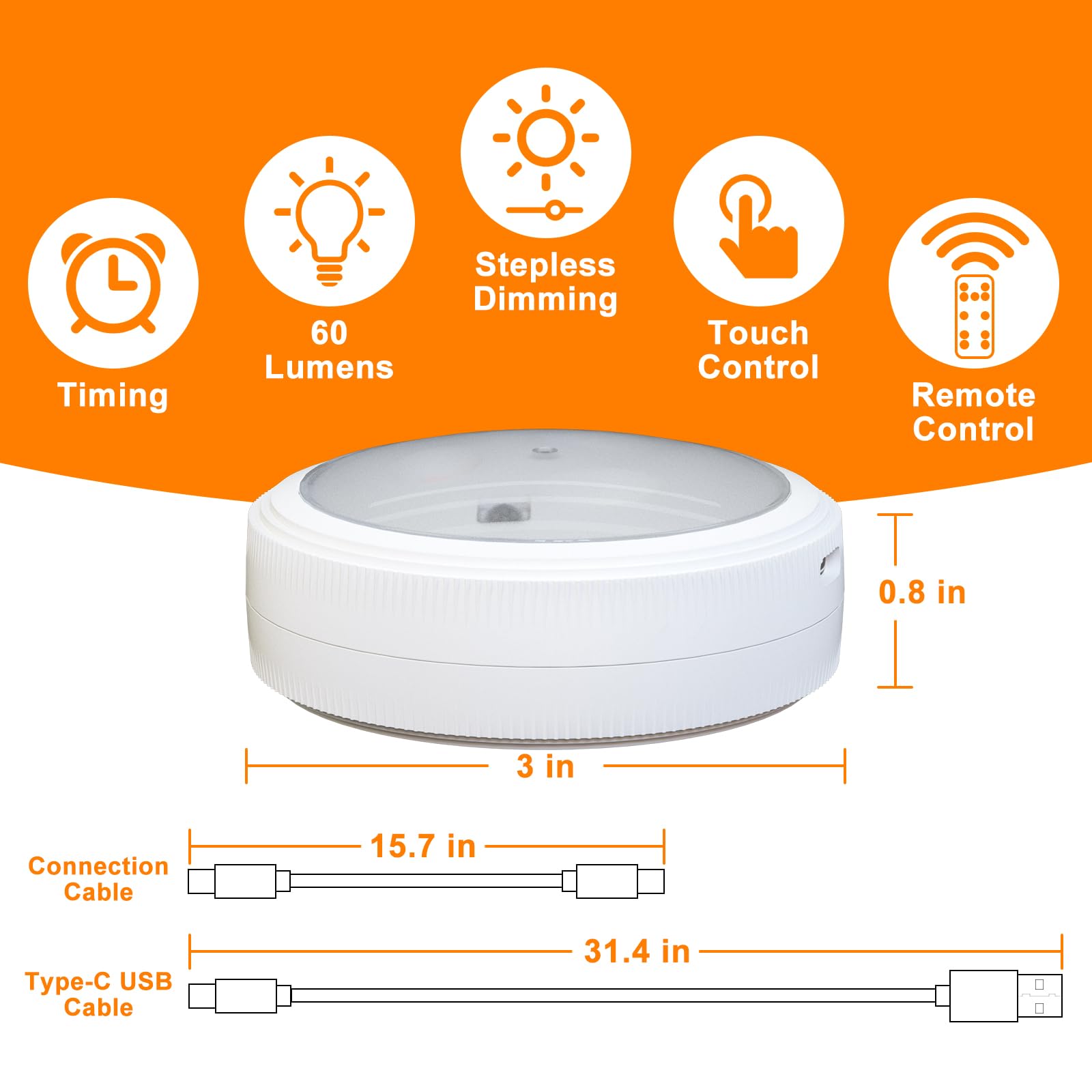 Puck Lights with Remote, Touch Dimmer, Timer, Stick-on - Battery/DC Operated for Cabinet, Closet, Kitchen & Indoor