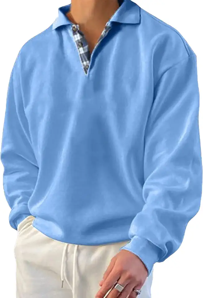 Opomelo Men's Long Sleeve Pullover Polo Shirts-Casual Loose Fit Sweatshirts V Neck Tops