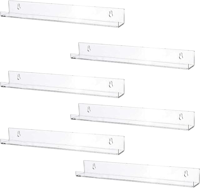 POHOVE 6pcs Acrylic Floating Shelves, Acrylic Floating Bookshelf Clear Wall Ledge Shelf, Wall Mounted Shelves for Books, Pictures, Invisible Kids Bookshelf and Small Toy Storage