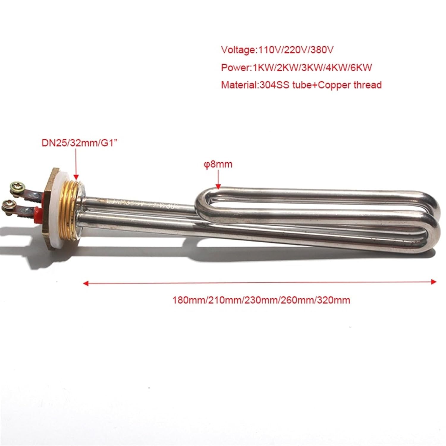 Electric Water Heating Element G1 Inch Copper Thread AC 110V 220V Bend Heater 1000W 2000W 3000W 1Pcs(with Internal Nut,110V_6KW 320MML 304SS)