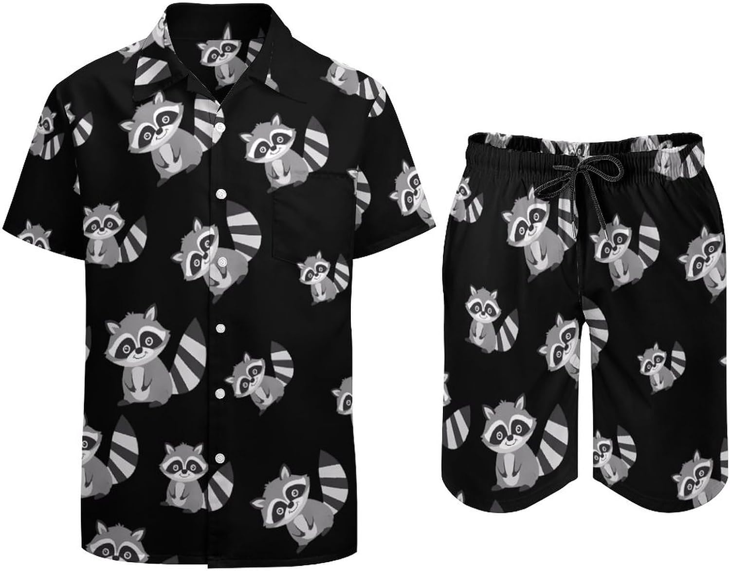 Cute Raccoon Men's Summer Beach Outfits Shirt And Shorts Set 2 Piece Vacation Swimwear