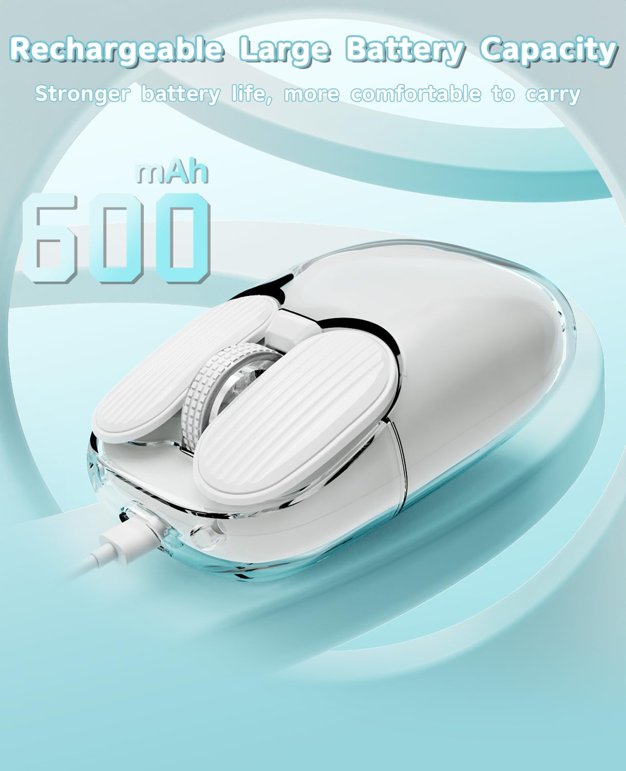 MAMBASNAKE Mouse da gioco wireless Bluetooth, simpatico mouse senza fili silenzioso, display alimentazione,guscio trasparente, 7 luci RGB, ottico 1600DPI, mouse portatili ricaricabili 600mAh (bianco)