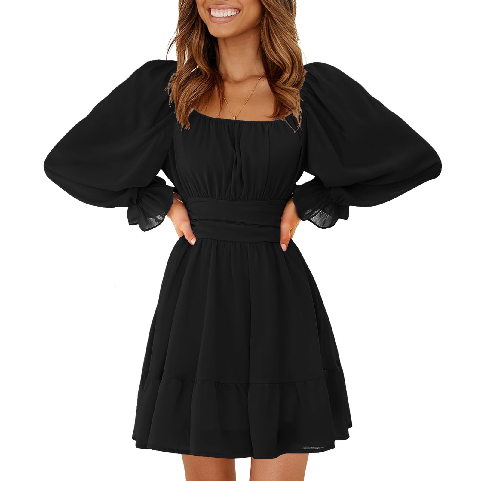 Women's 2026 Casual Long Lantern Sleeve Dresses Square Neck Ruffle Tie Back Elastic Waist Aline Short Mini Dress