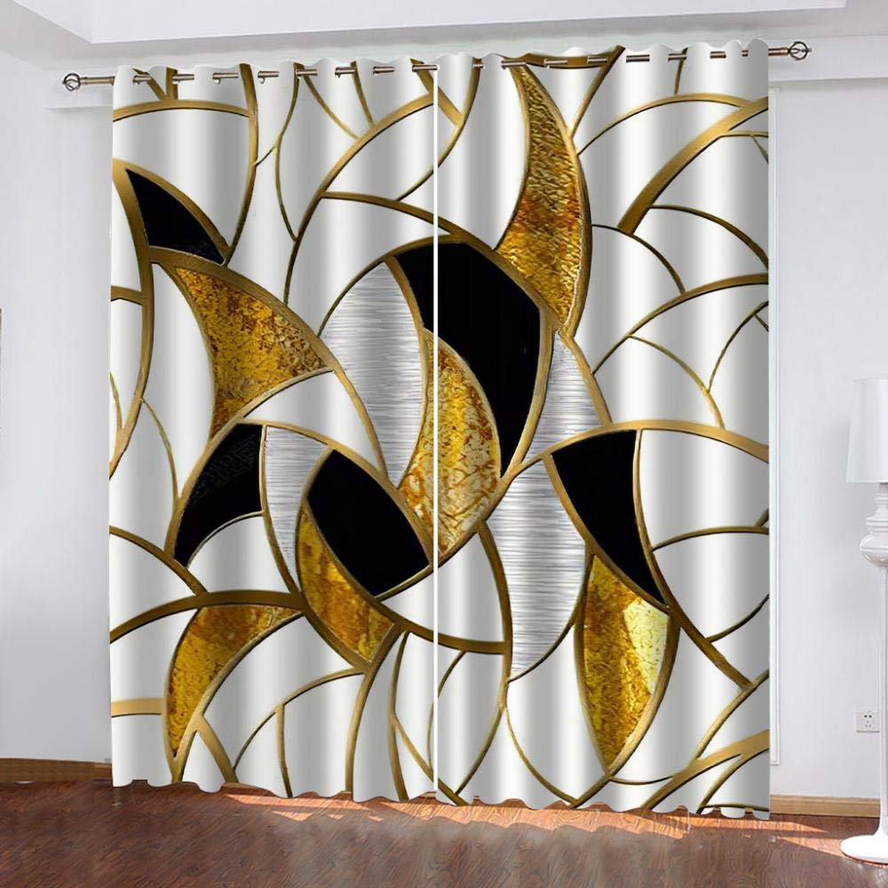 JGTQ Rideaux Isolants Thermique 2X W 140 x H 250 Cm Motif Géométrique Doré - Polyester Imprimé Oeillets Anti Froid pour Salle de Séjour, Chambre d'Enfant - Décoration