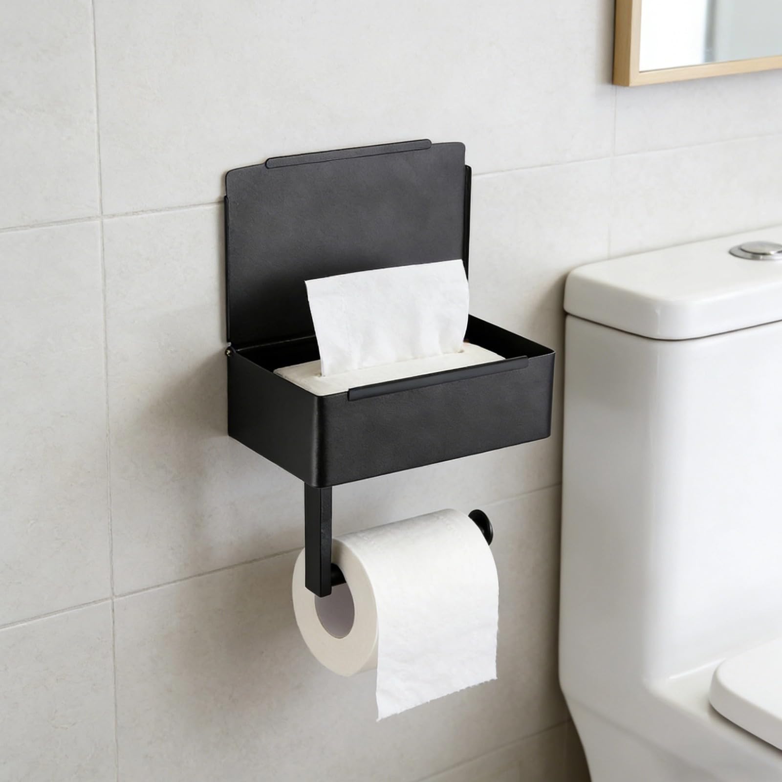 Czarny uchwyt na papier toaletowy ze stali nierdzewnej z pudełkiem na chusteczki nawilżane i półką na telefon bez wiercenia oszczędzający miejsce design łazienkowy dozownik chusteczek 22 cm x 14 cm x