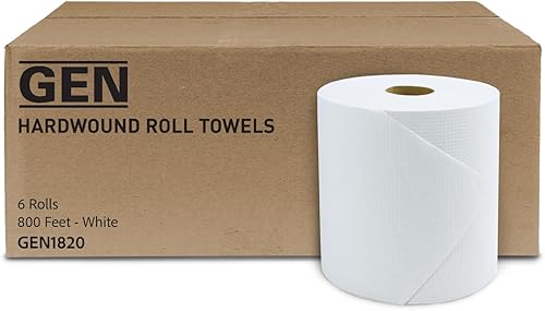 GEN Toallas de rollo de bobinado duro - Blanco, 8 pulgadas x 800 pies, 6 rollos/cartón