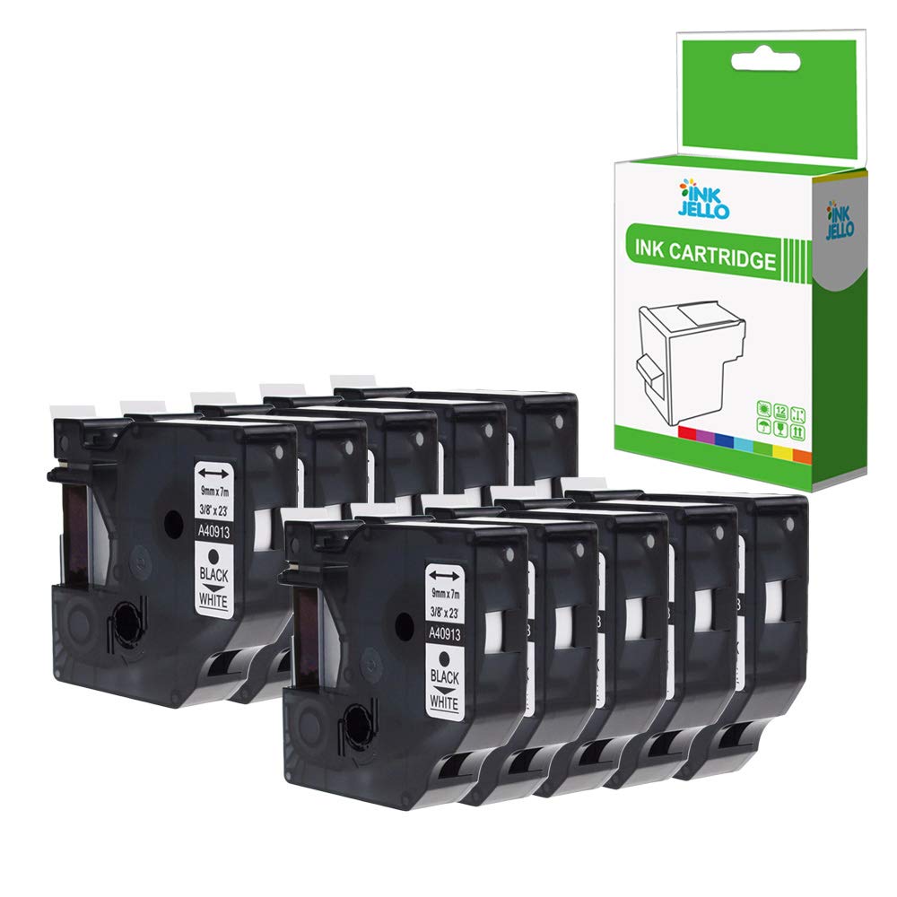 InkJello Compatible Label Tape Replacement For Dymo LabelManager 100 120P 150 160 200 210D 220P 260P 280 300 350 350D 360D 400 420P 450 450D 40913 3/8" (9mm) (Black on White 10-Pack)