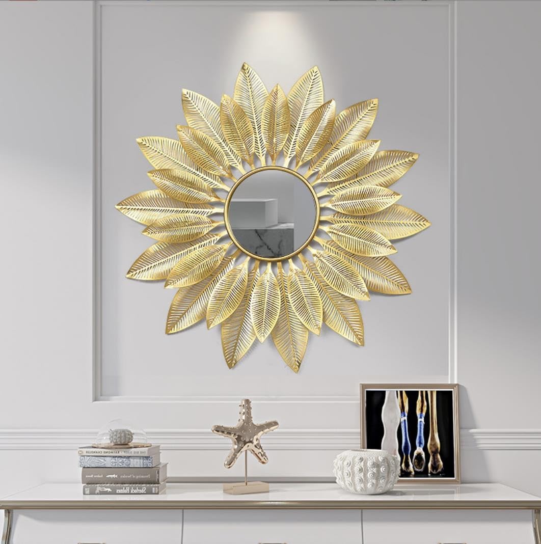 Sztuka dekoracji ścian i metali 3D Okrągłe Złote Lustro Ścienne Do Salonu 80 cm x 80 cm Dekoracyjna Dekoracja Ścienna Złote Lustro Do Przedpokoju, Jadalni