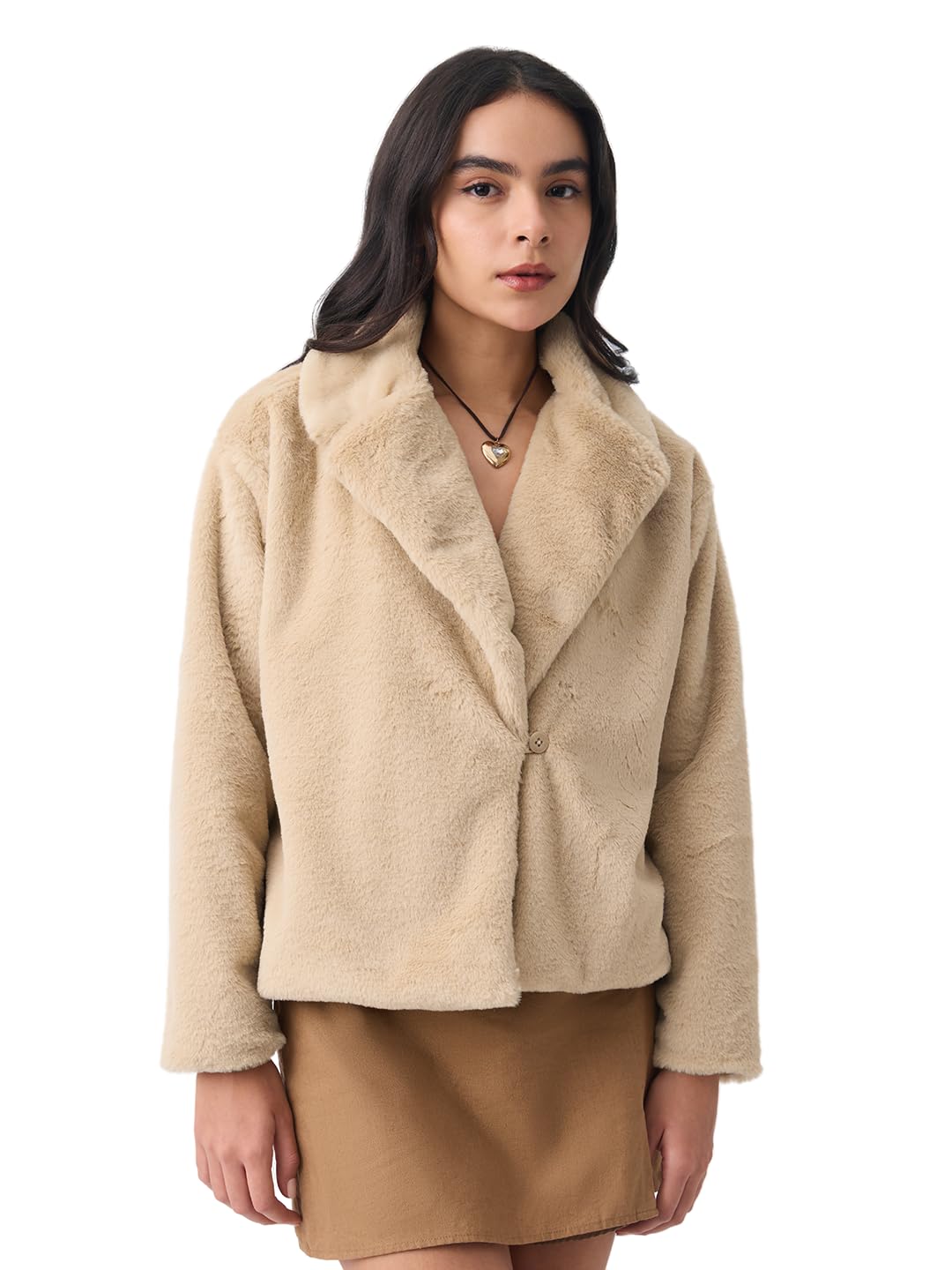 Fur Jacket: Biscotti Women and Girls Full Sleeves Spread Collar Beige Solid Polyester Warm Lightweight Winter Oversized Jacket