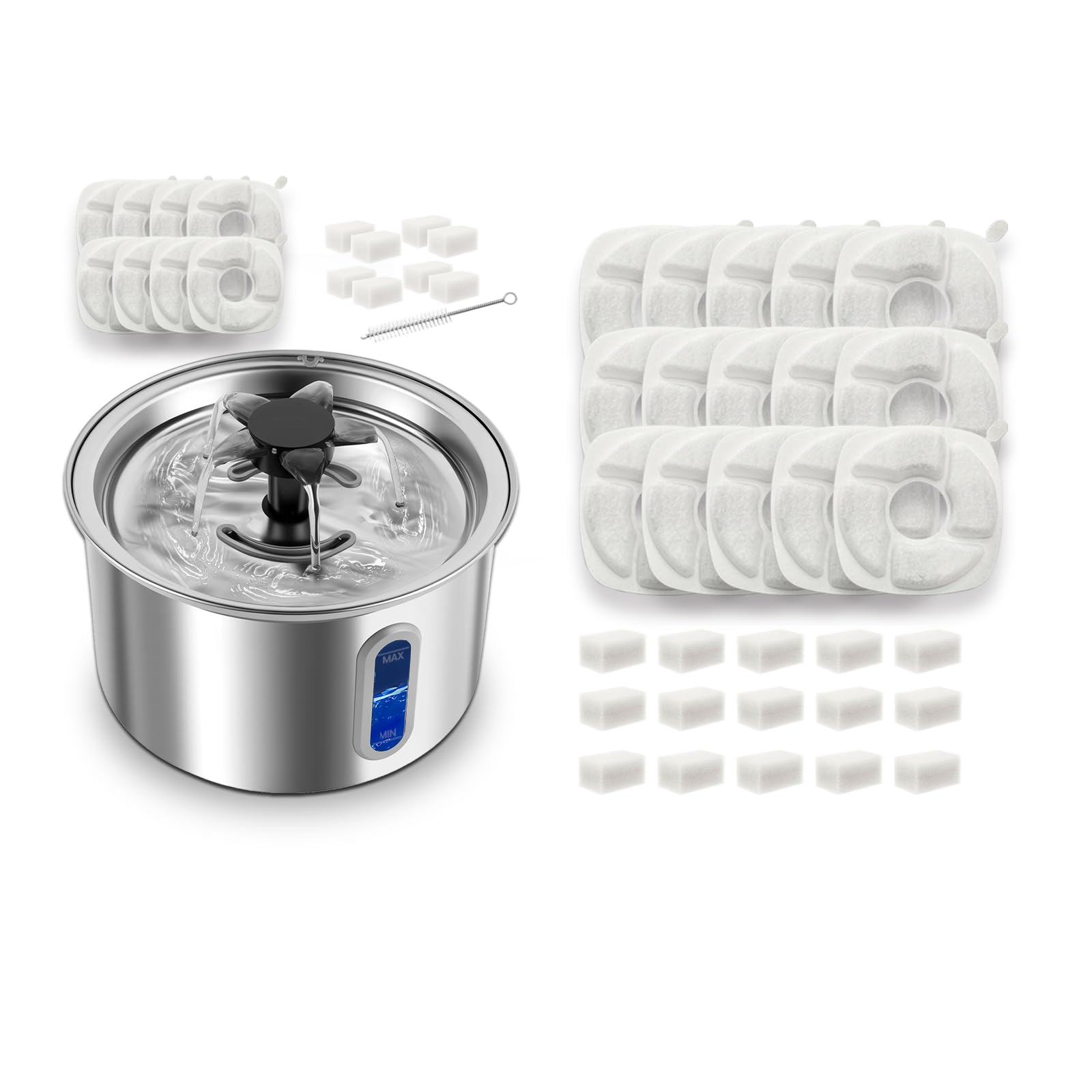 3L/101oz Stainless Steel Cat Water Fountain for Indoor Use (Includes 8 Filters) and 15 Pack Cat Water Fountain Replacement Filters