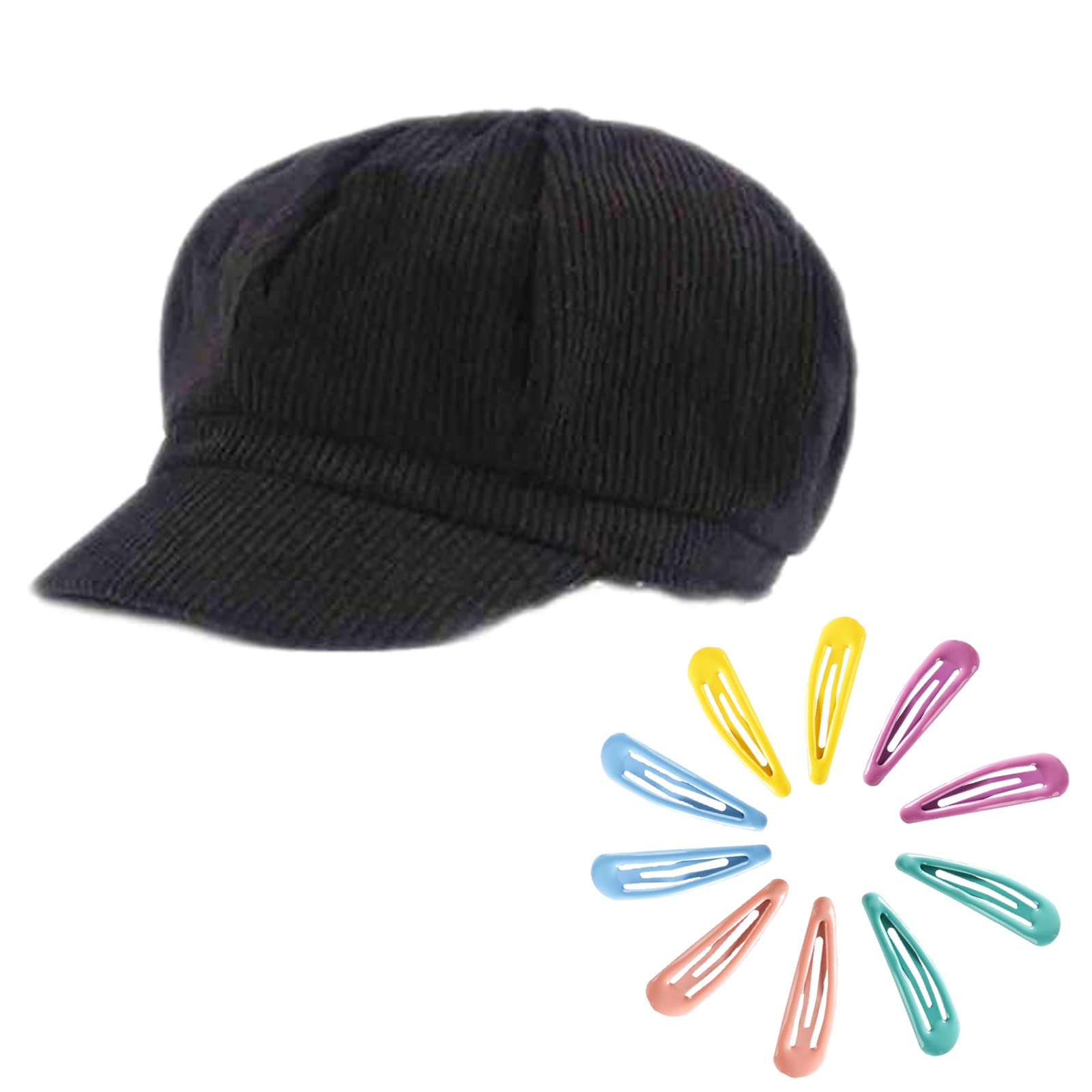 B-HOTWomens Newsboy Cap Baker Boy Ladies Corduroy Flat Cap Visor Cabbie Beret Peaked Hat with 10Pcs Hair Clips, Black, One Size