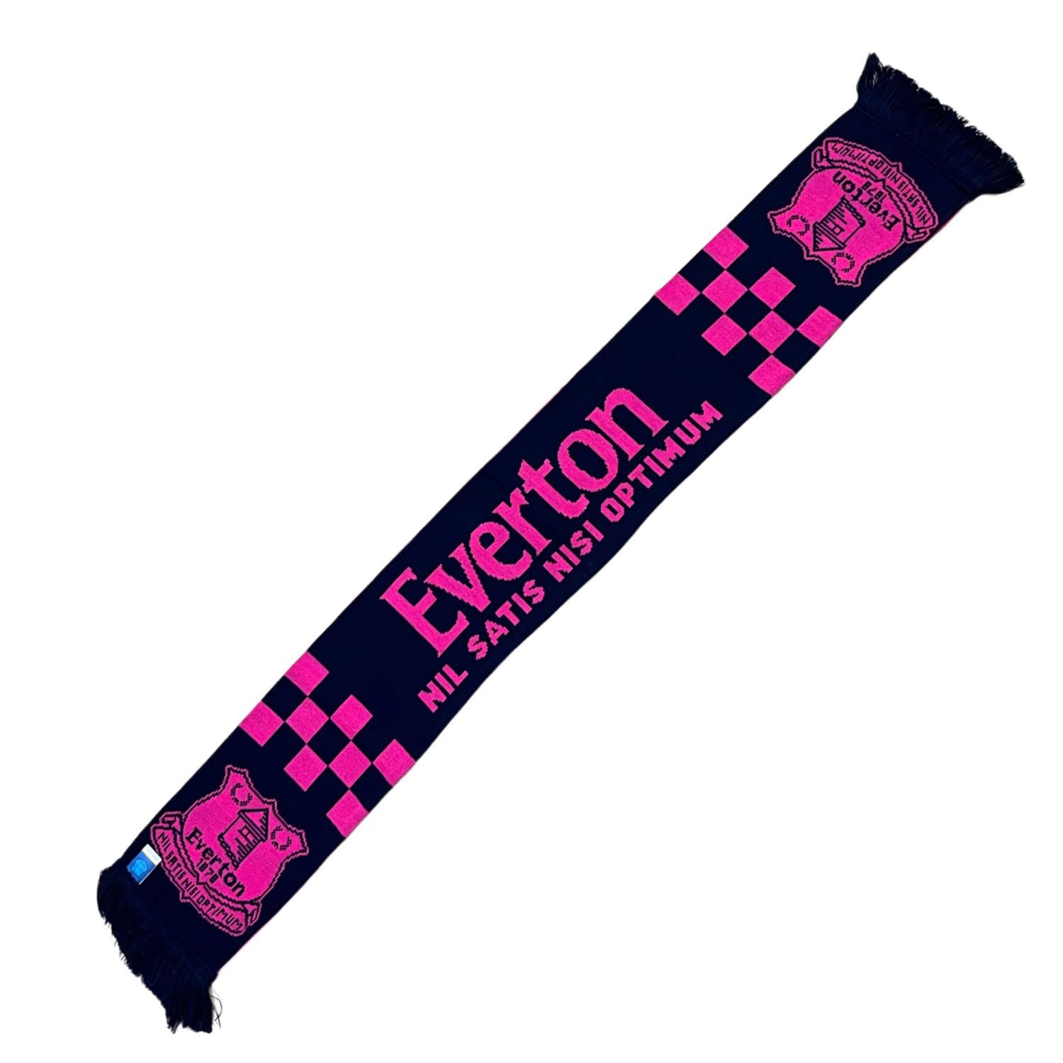 Everton Pink & Navy Fc Official Pink And Navy Check Football Scarf With Tassels And Club Crest, Adult