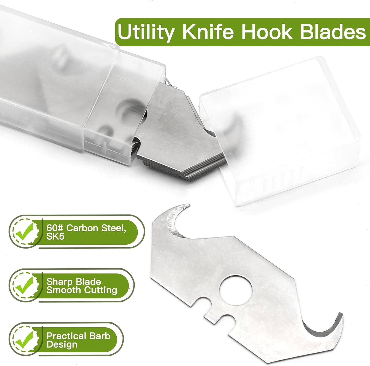 60pcs Utility Hook Blades, Heavy Duty SK5 Steel Hook Blades for Utility Knives, Box Cutter, Carpet, Roofing